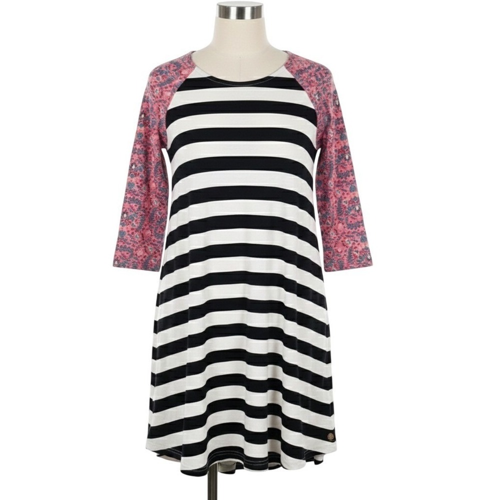 Matilda Jane Dress Girls 10 Black White‎ Striped Floral Mixed Media Button Back